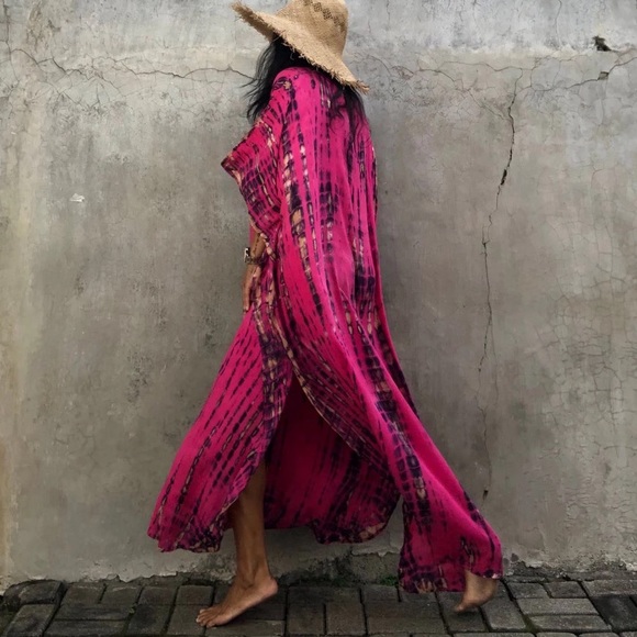 Dianthus Kimono Kaftan Dress Maxi, 5⭐️ Rated Soft Flowing Pink Boho Airy Kaftan - Picture 4 of 11